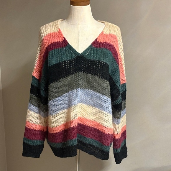 Elan Sweaters - Elan OVERSIZED bohemian striped V-Neck open knit Sweater drop shoulder long slv